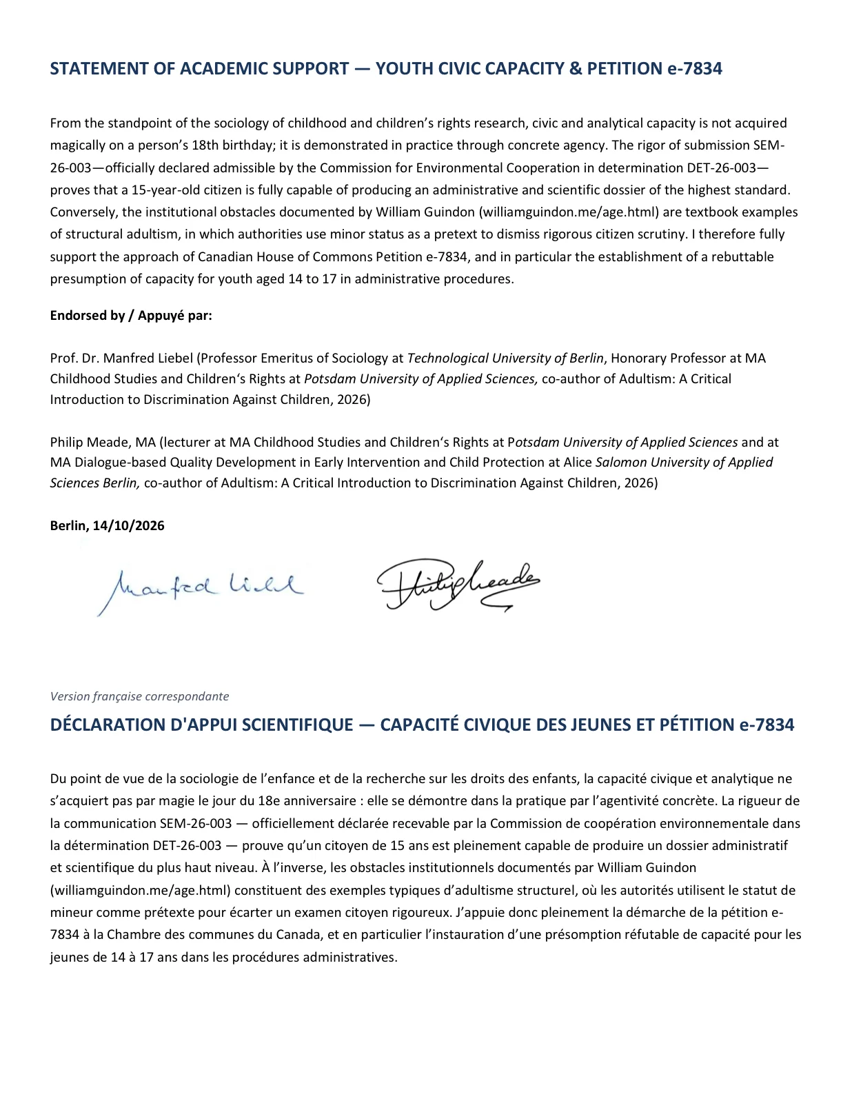 Déclaration scientifique Liebel et Meade