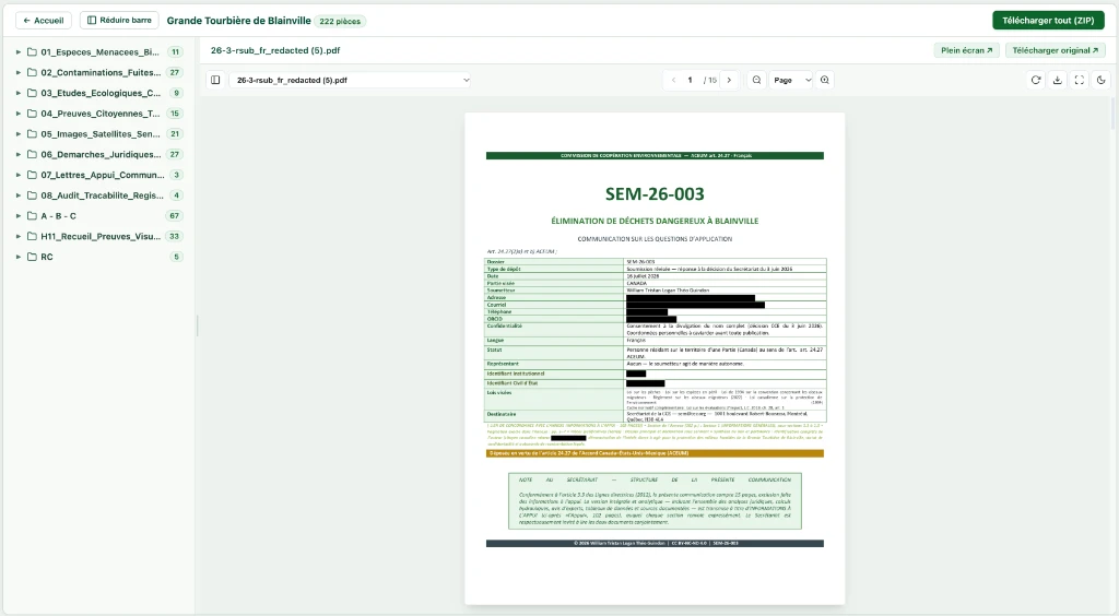 Lancement officiel du moteur de recherche des pièces justificatives et de l'archive ZIP (96%+ du dossier)